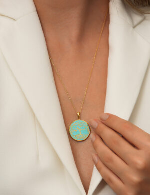 925 Ayar Gümüş 18K Altın Kaplama Yaşam Ağacı Kolye – Turkuaz Mine, El Yapımı