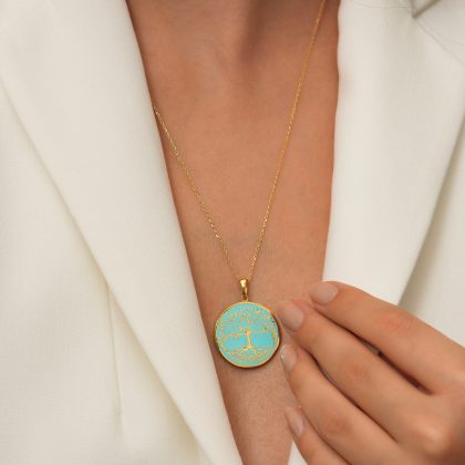 925 Ayar Gümüş 18K Altın Kaplama Yaşam Ağacı Kolye – Turkuaz Mine, El Yapımı