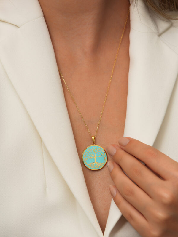 925 Ayar Gümüş 18K Altın Kaplama Yaşam Ağacı Kolye – Turkuaz Mine, El Yapımı
