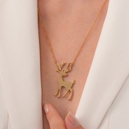 925 Ayar Gümüş 18K Altın Kaplama Geyik Kolye – El Yapımı