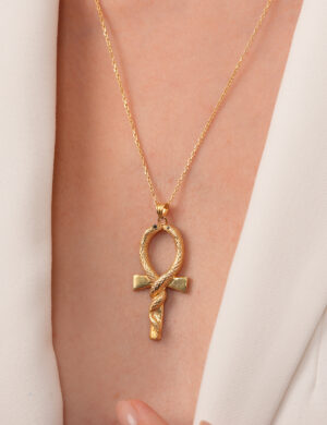 925 Ayar Gümüş Üzeri Altın Kaplama Yılan Figürlü Ankh El Yapımı Kolye