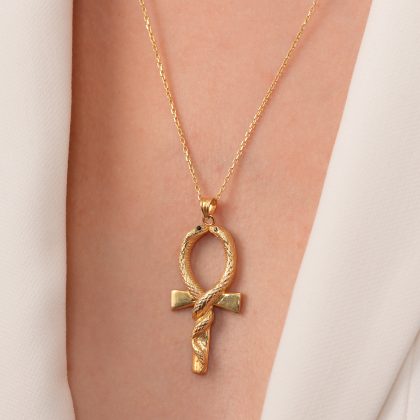 925 Ayar Gümüş Üzeri Altın Kaplama Yılan Figürlü Ankh El Yapımı Kolye