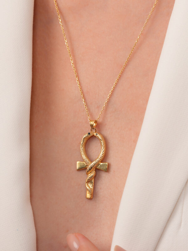 925 Ayar Gümüş Üzeri Altın Kaplama Yılan Figürlü Ankh El Yapımı Kolye