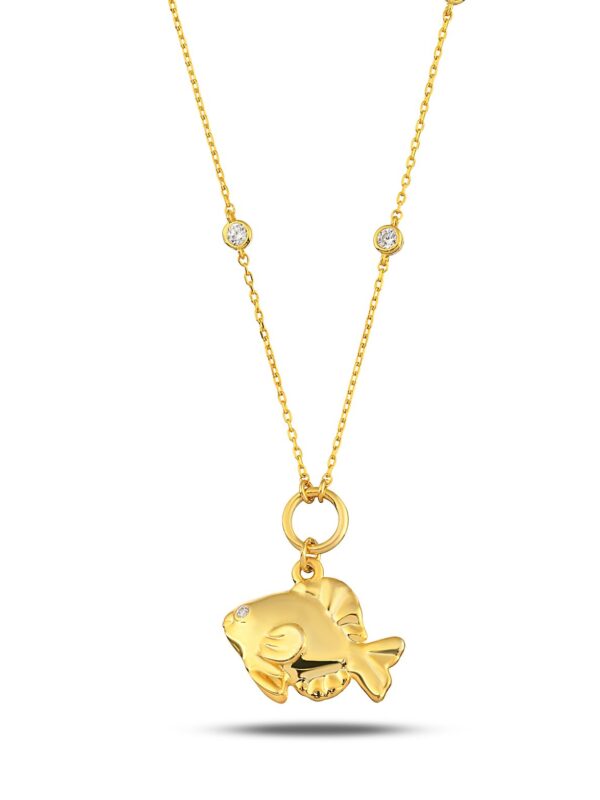 925 Ayar Gümüş Üzeri 18K Altın Kaplama Balık Kolye – Taş Detaylı, Zarif Zincir