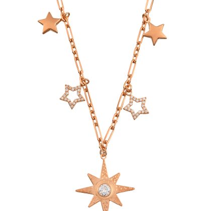 925 Ayar Gümüş Rose Kaplama Istar Yıldızı Kolye – Taş Detaylı, Zincirli Tasarım