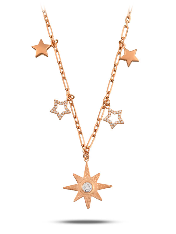 925 Ayar Gümüş Rose Kaplama Istar Yıldızı Kolye – Taş Detaylı, Zincirli Tasarım