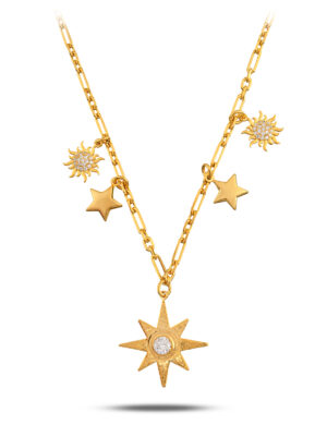 925 Ayar Gümüş 18K Gold Kaplama Istar Yıldızı Kolye – Taş Detaylı, Güneş & Yıldız Charm’lı