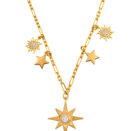 925 Ayar Gümüş 18K Gold Kaplama Istar Yıldızı Kolye – Taş Detaylı, Güneş & Yıldız Charm’lı