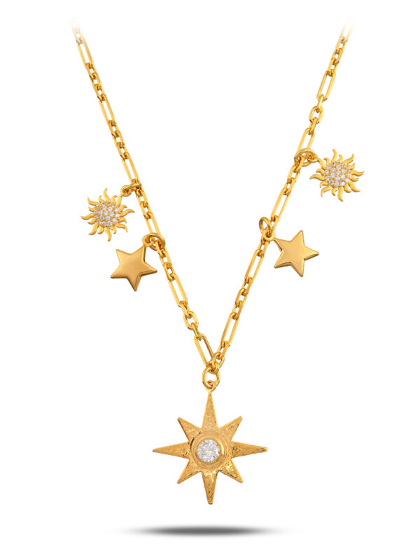 925 Ayar Gümüş 18K Gold Kaplama Istar Yıldızı Kolye – Taş Detaylı, Güneş & Yıldız Charm’lı