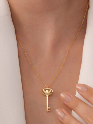 925 Ayar Gümüş 18K Altın Kaplama “Angel Key” Şans Anahtarı El Yapımı Kolye