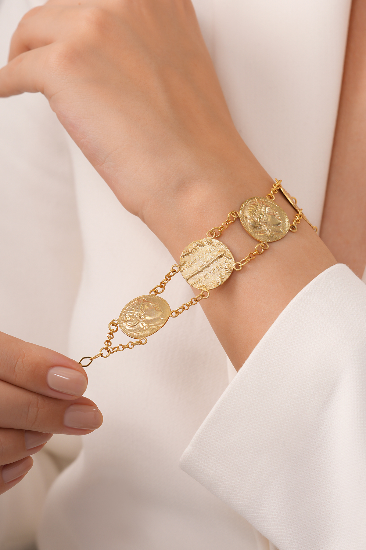 925 Ayar Gümüş 18K Altın Kaplama El Yapımı “Demeter Coins” Antik Sikke Bileklik