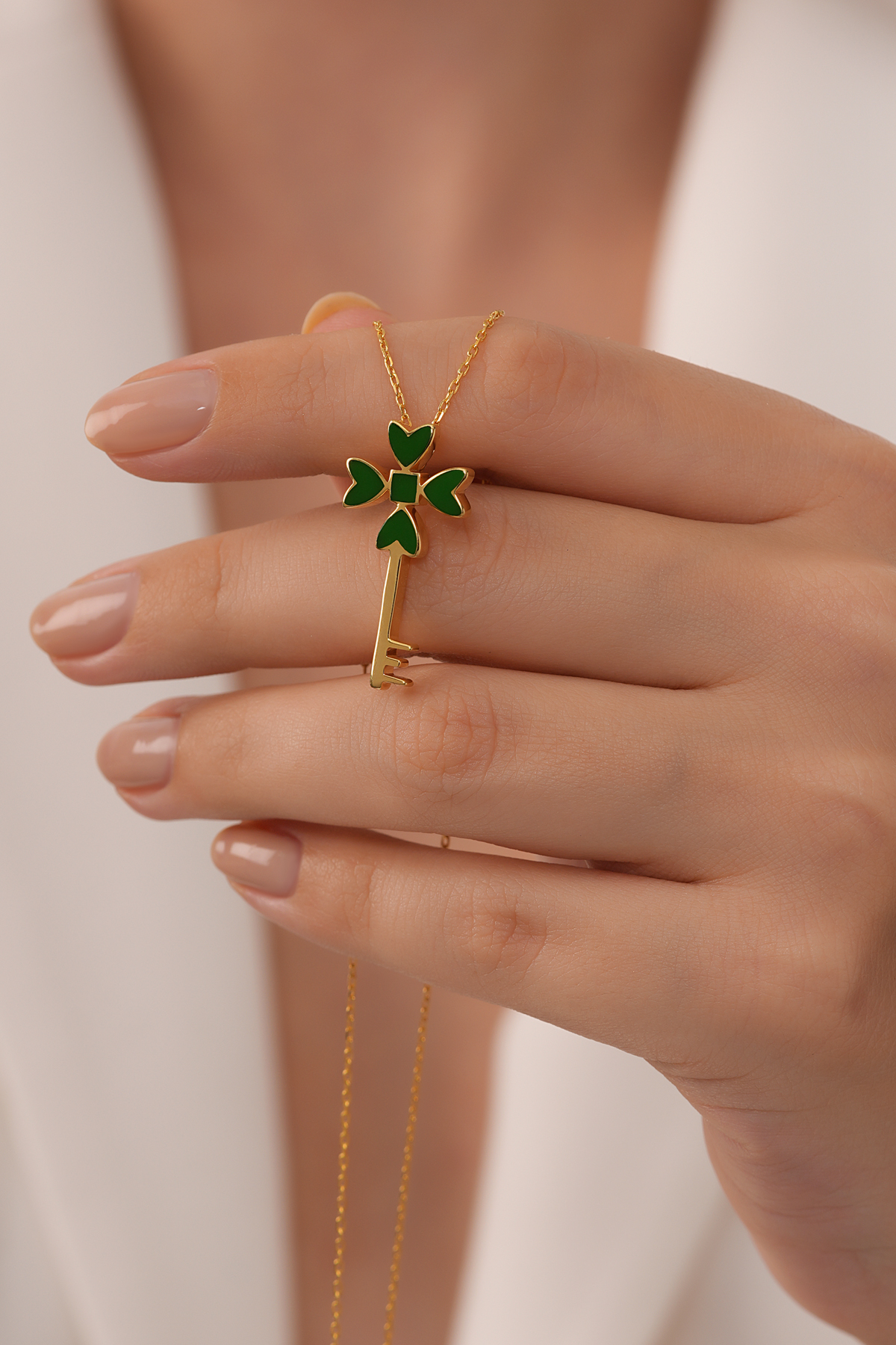 925 Ayar Gümüş 18K Altın Kaplama Şans Anahtarı Kolye - Görsel 6